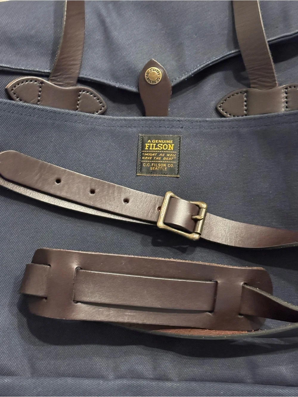 Filson Navy and Dark Brown Leather Laptop Briefcase